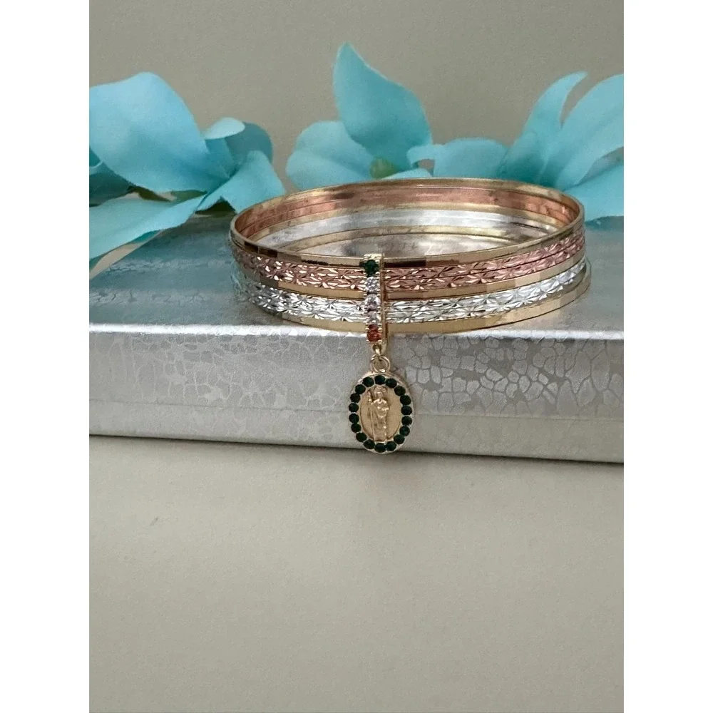 14K Gold Plated Women's Bangle Bracelet Three Colors Religious Charm Saint Jude
